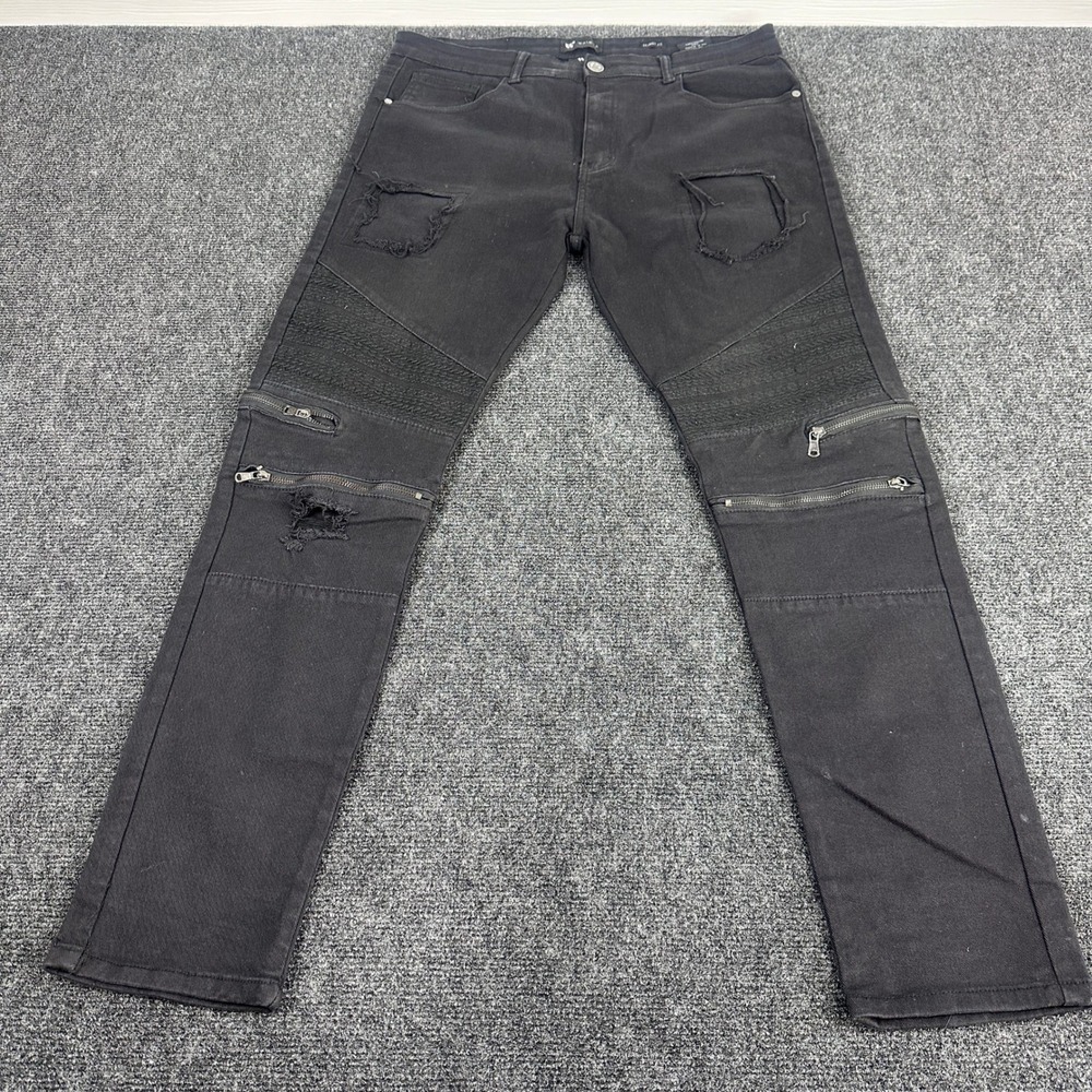 Waimea Mens Skinny Fit‎ Jeans Black Faded Knee Zipper Denim Pants Size 36